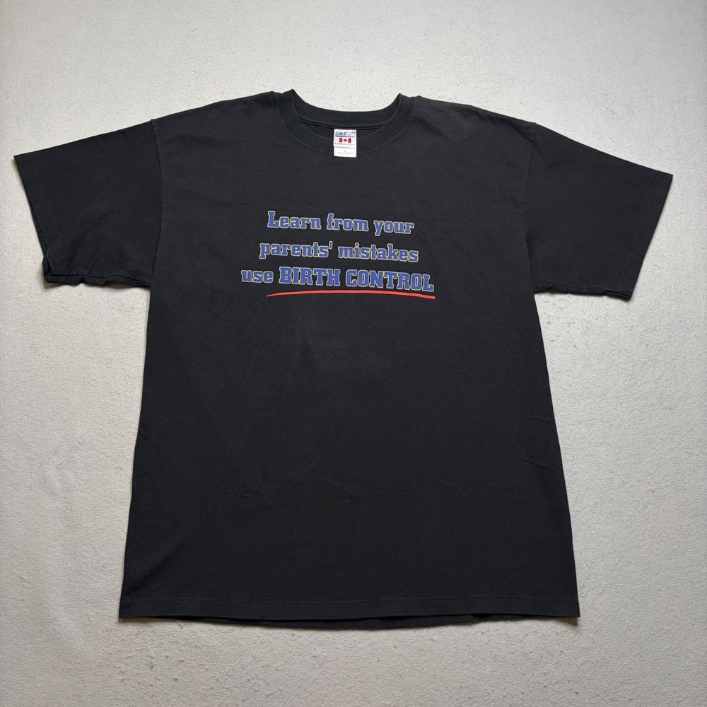 Gildan T-Shirt Mens XL Black Ultra Cotton‎ Birth Control Humor Graphic Y2K Tee